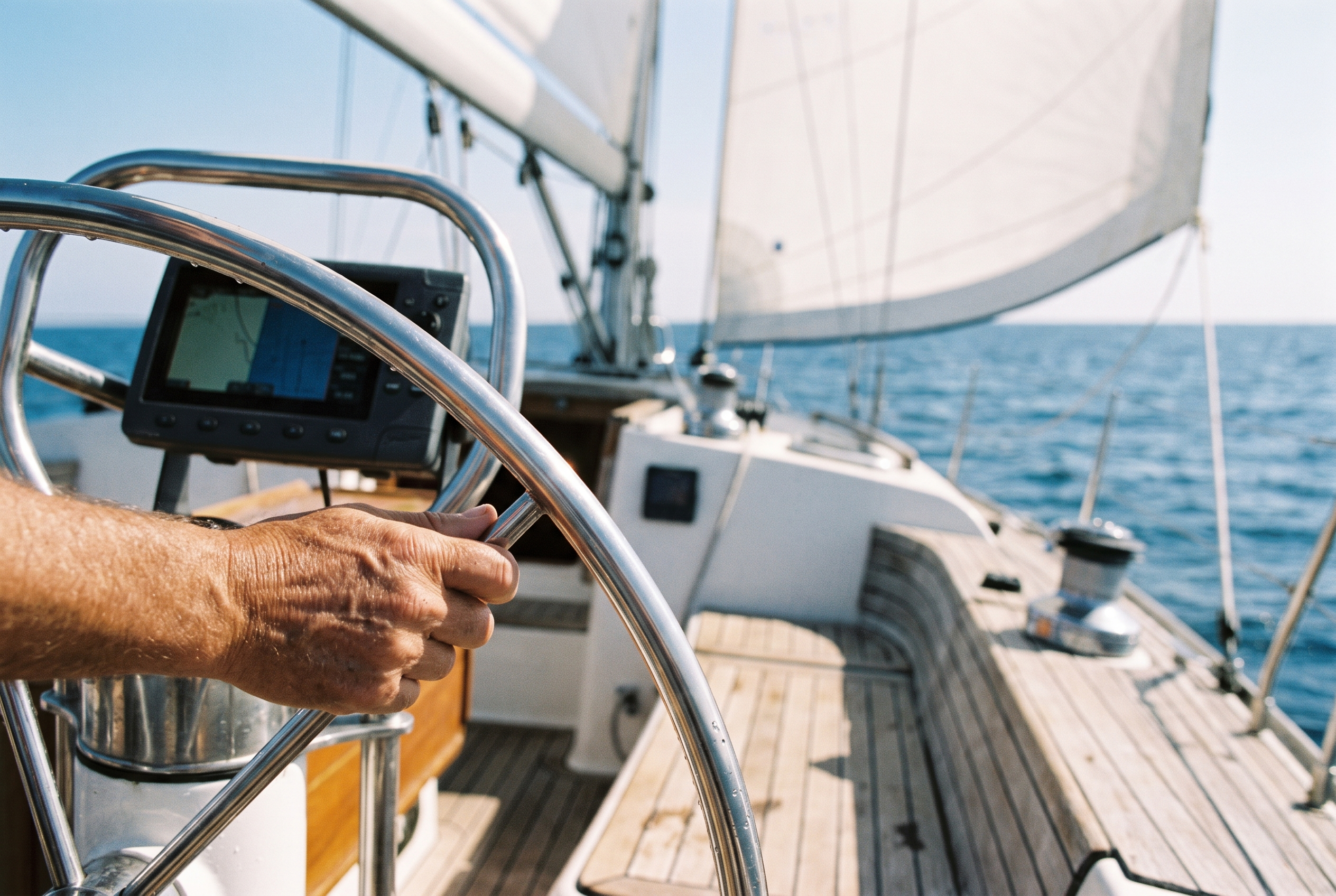 Hands on the wheel of a sailing yacht