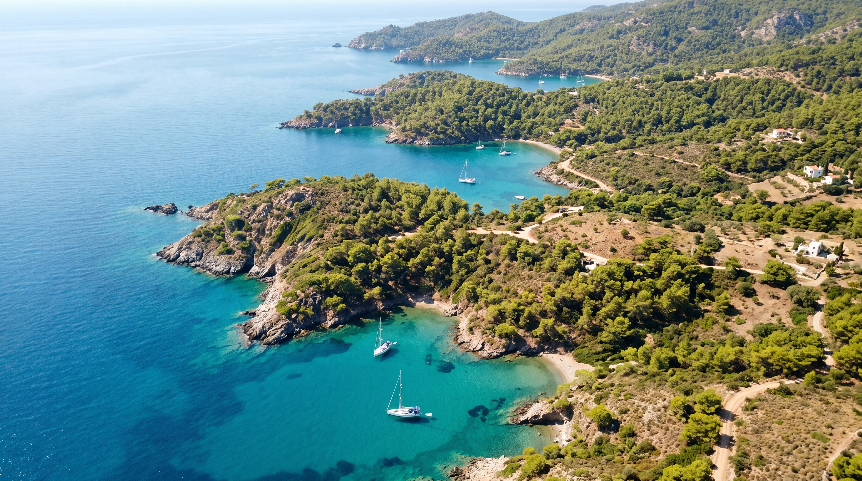 An aerial view of the indented Aegean coastline
