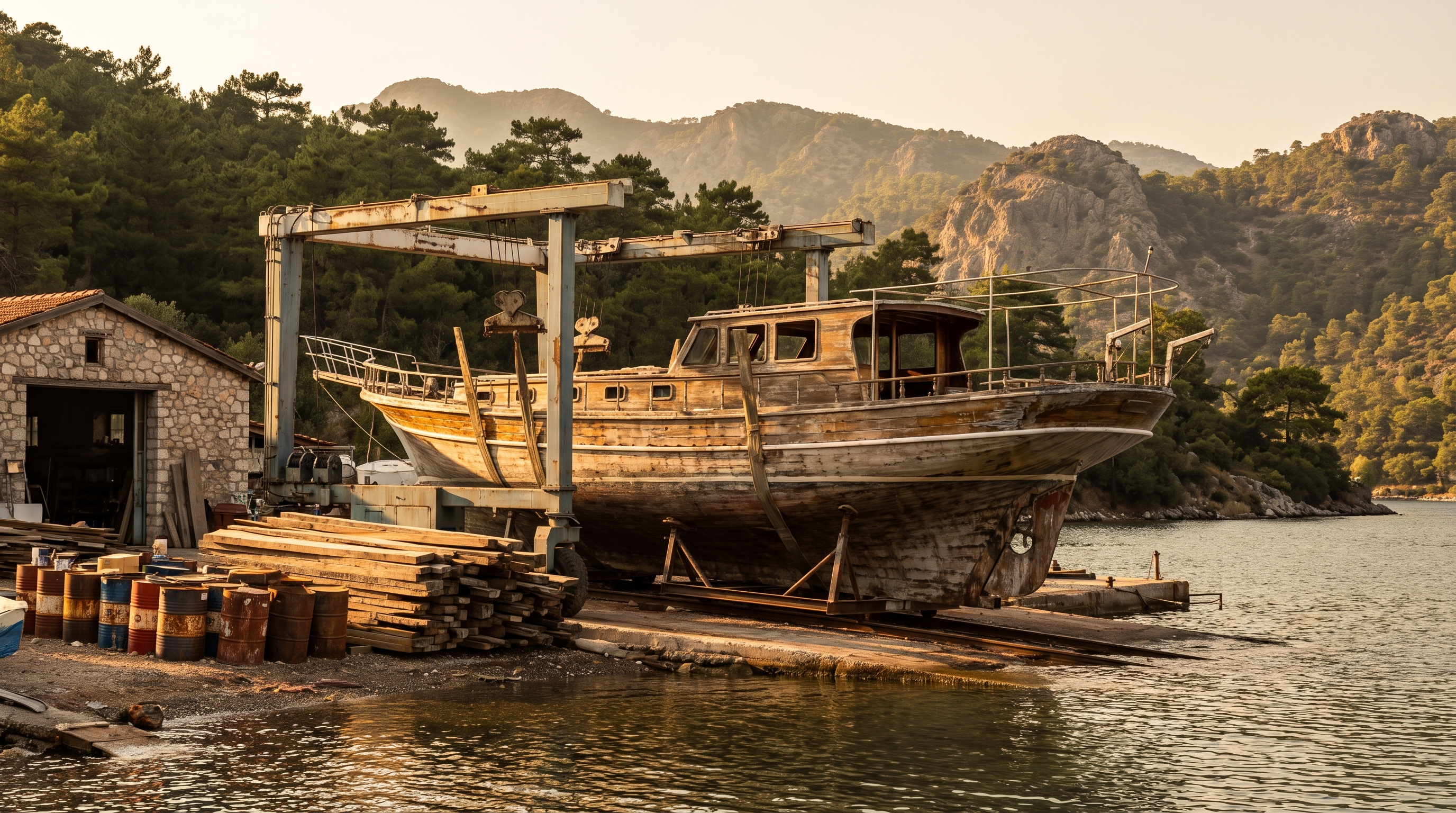 A gulet on a slipway at a Bozburun boatyard