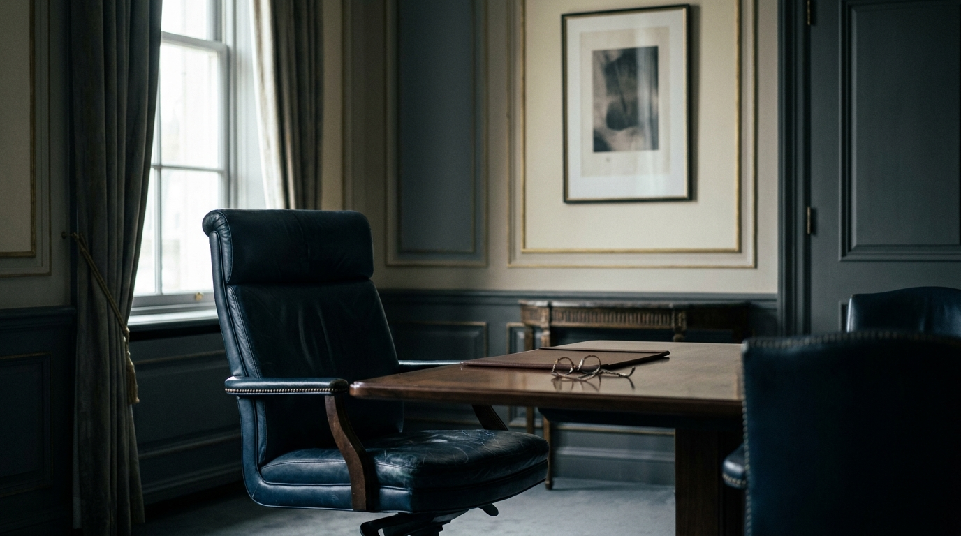 Fauteuil de direction vide dans un bureau, illustrant l'absence soudaine d'un homme-clé de l'entreprise