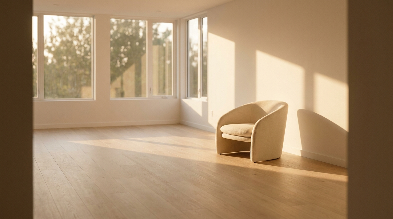 Empty modern apartment interior at golden hour