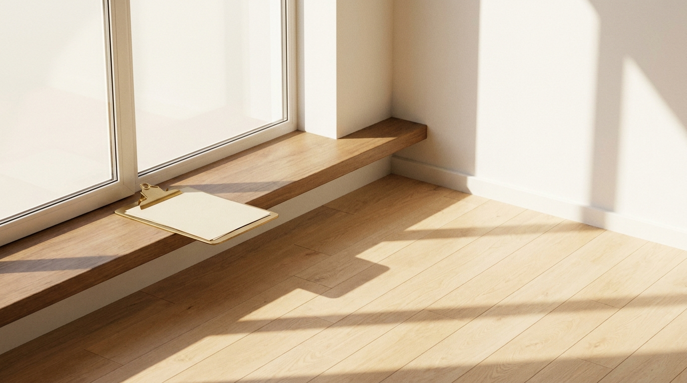 Clipboard with inspection paperwork on a sunlit windowsill