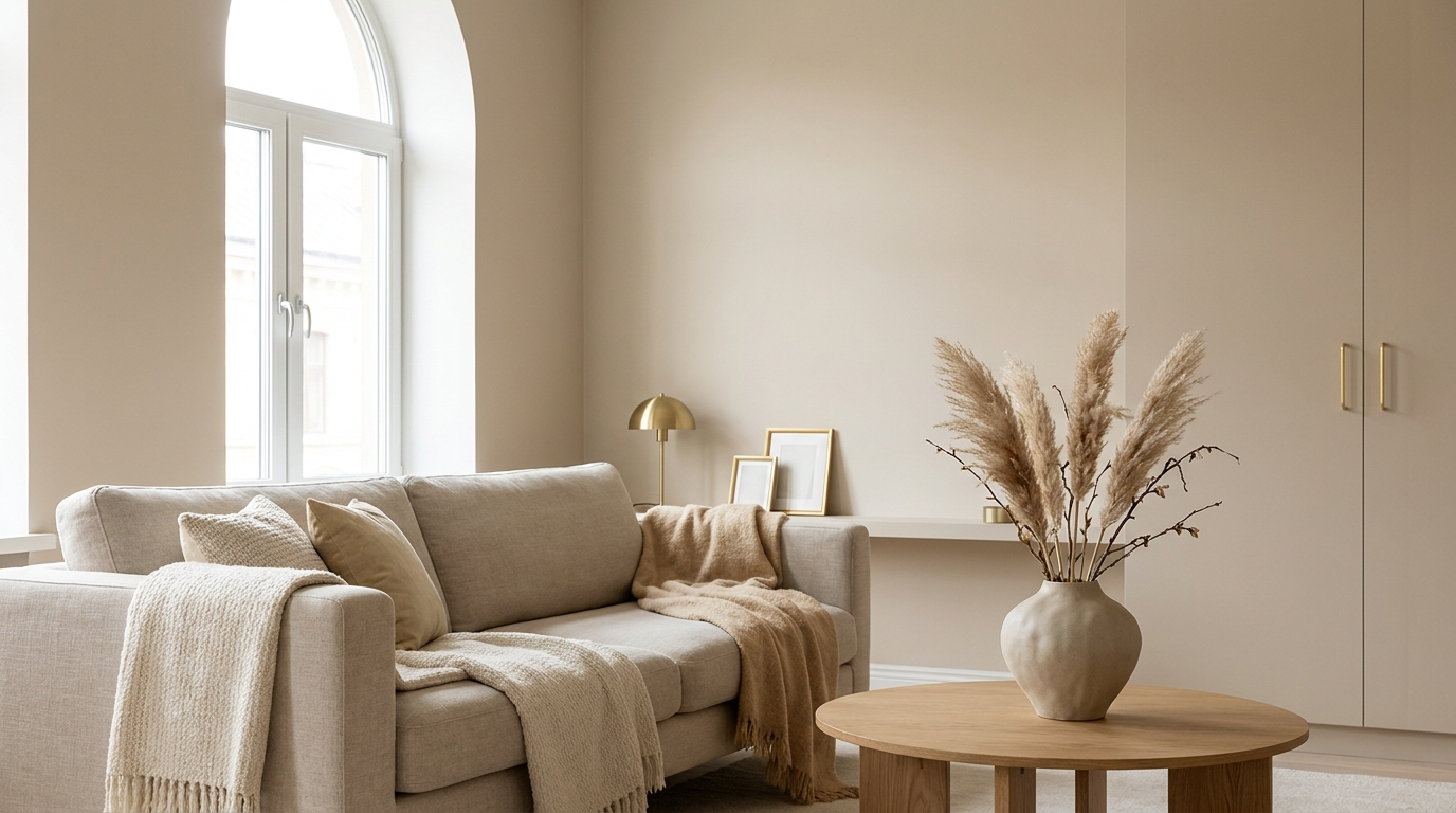 A styled modern living room in warm neutral tones