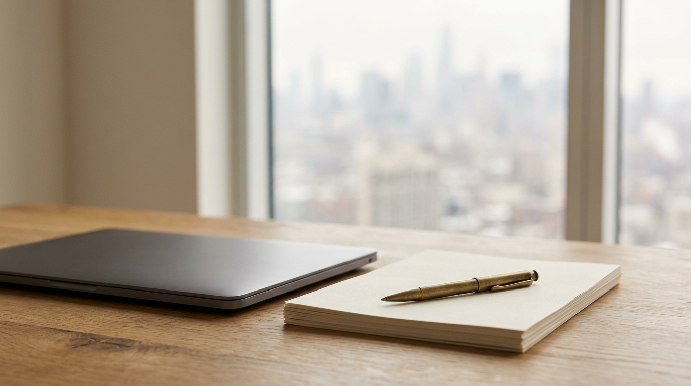 A laptop and documents on a warm oak desk by a window