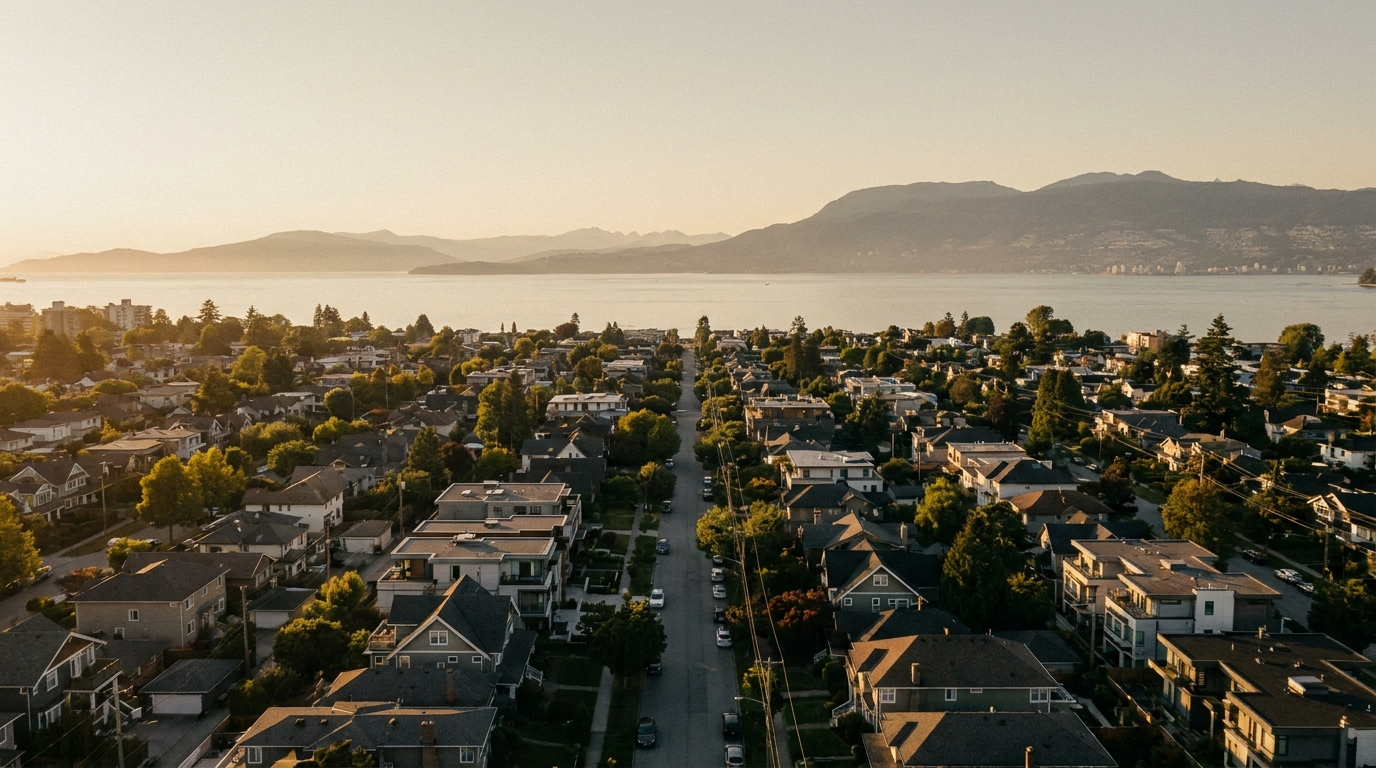 Aerial view over a coastal city neighbourhood at golden hour