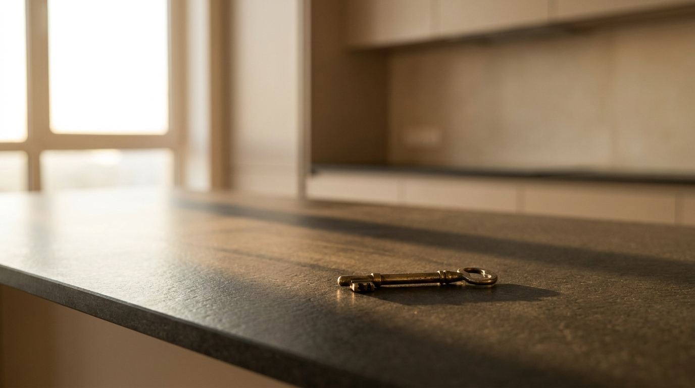A single brass key on a stone kitchen counter