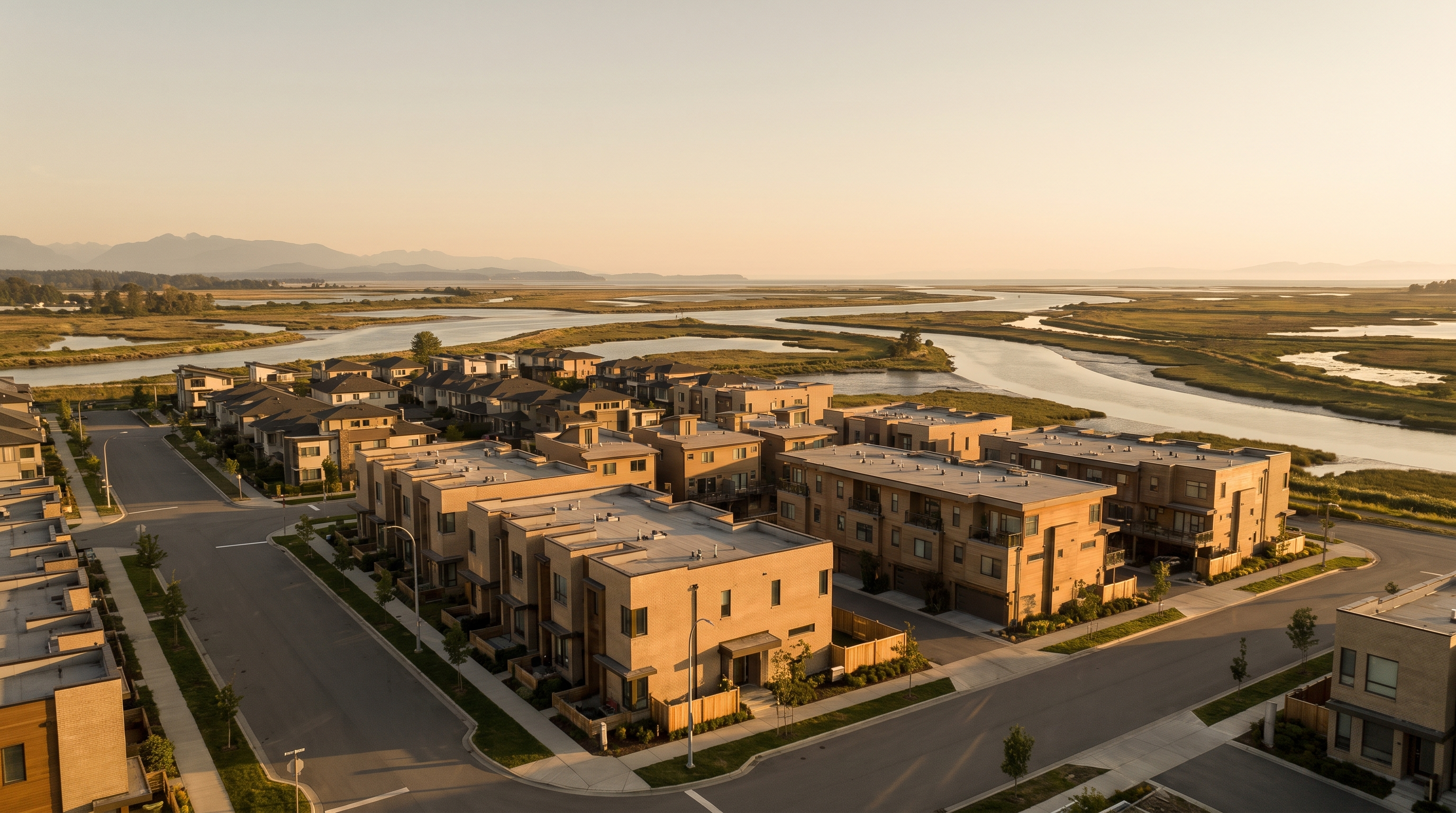 Low-rise residential streets on a river delta at golden hour
