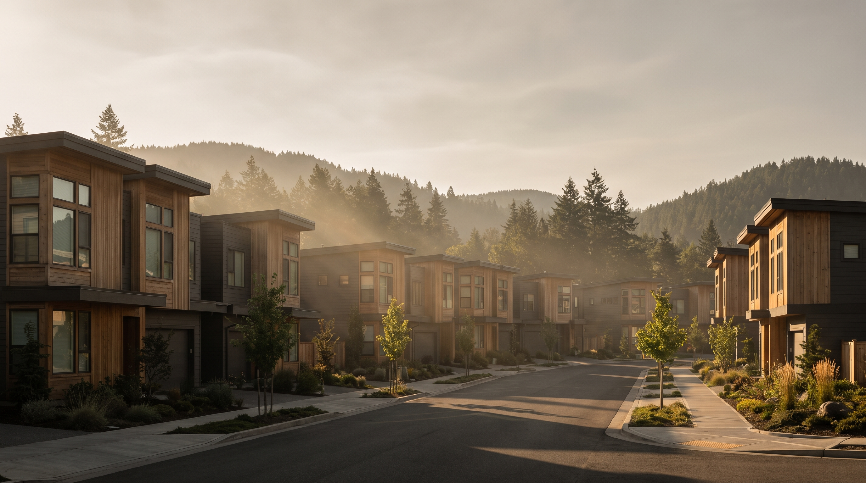 Suburban townhome rows backing onto forested hills