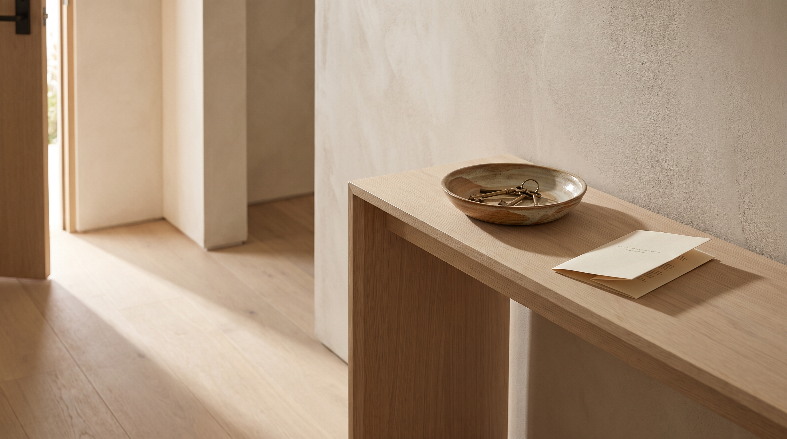 Entryway console with brass keys in a ceramic dish