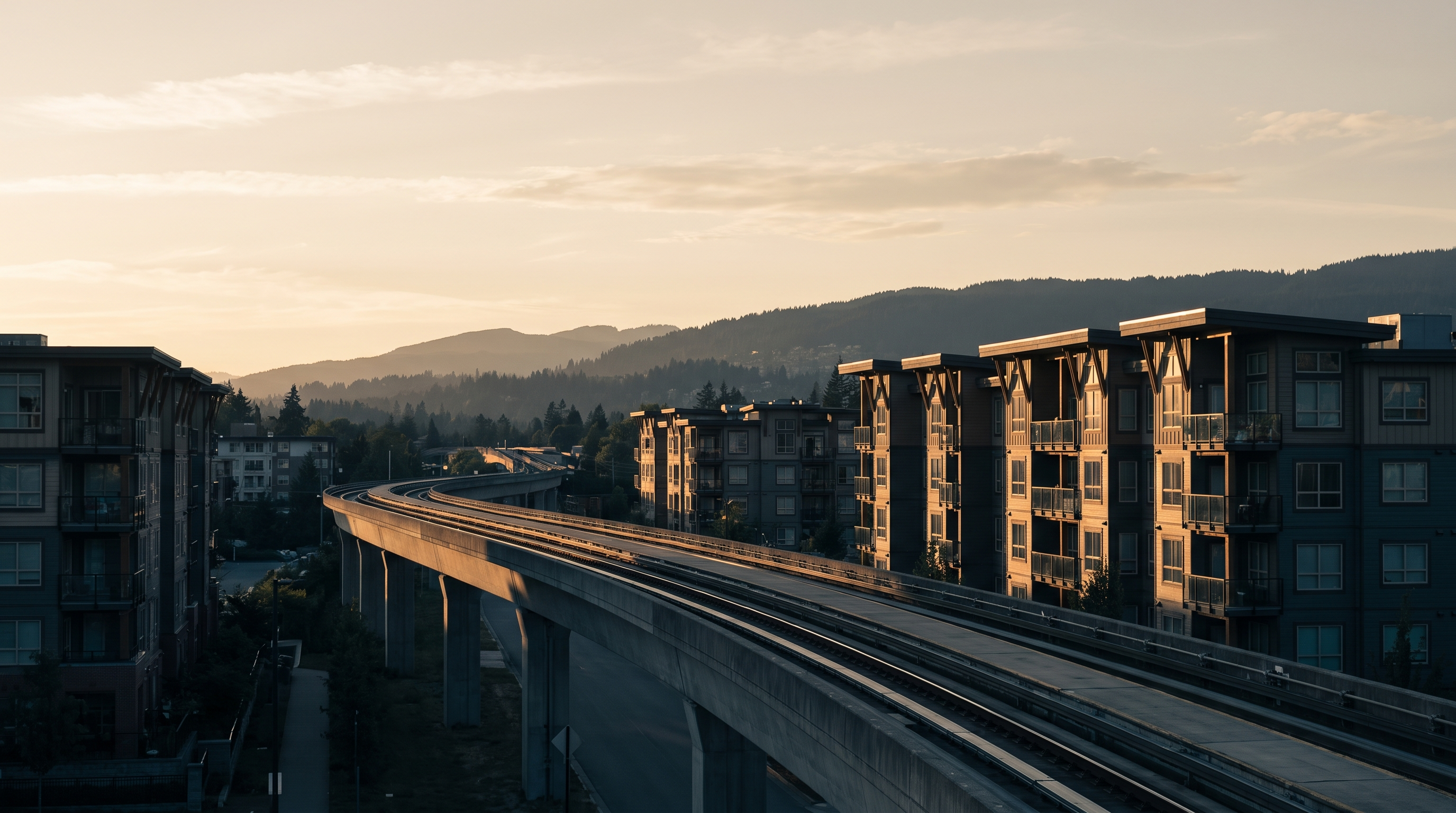 Elevated rapid transit running past mid-rise residential buildings at golden hour