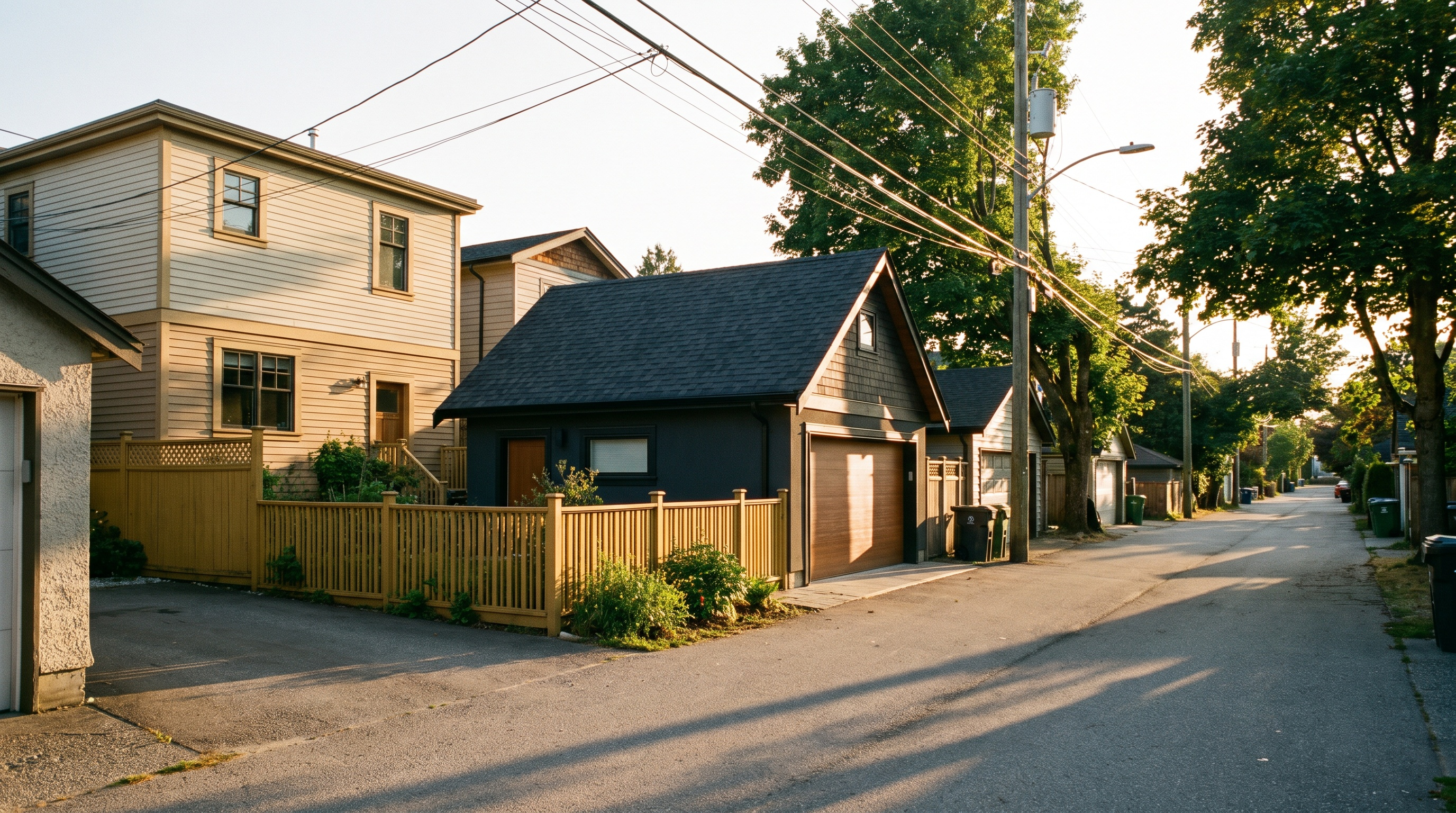 An urban back lane with a laneway house behind a character home