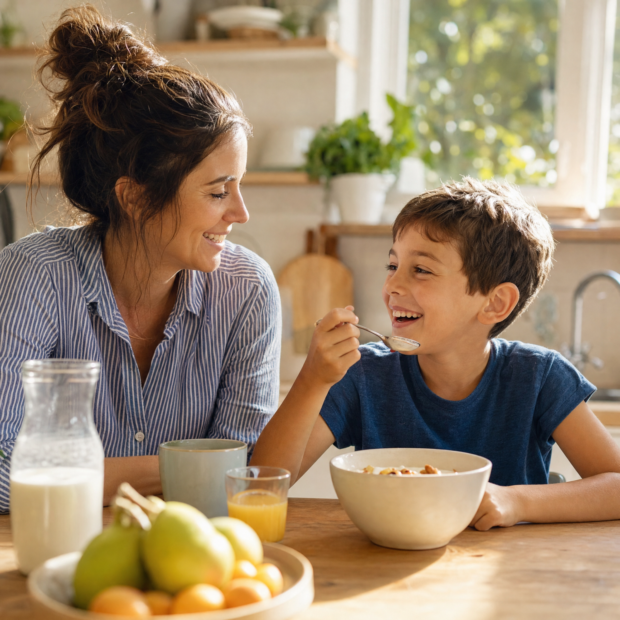 Mom and son at breakfast