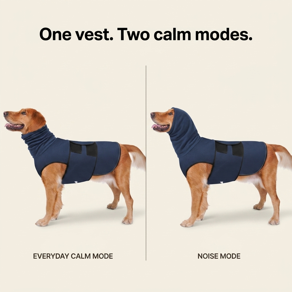 CalmVest two calm modes — hood down everyday mode and hood up noise mode