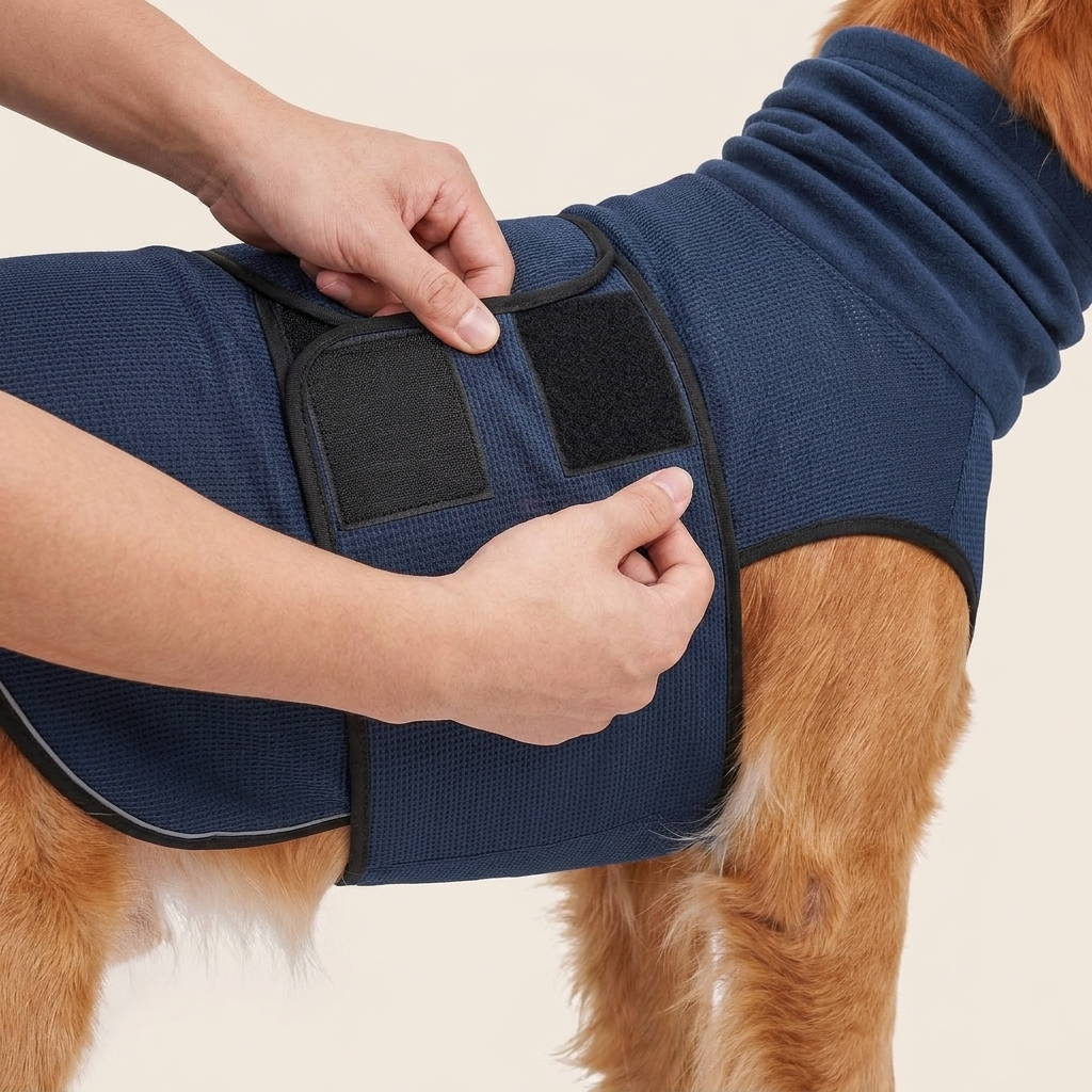Fastening the CalmVest velcro belly wrap