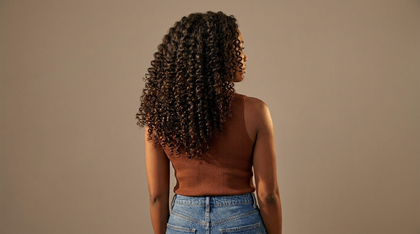 Woman with healthy, defined natural curls, shown from behind in a rust-brown top