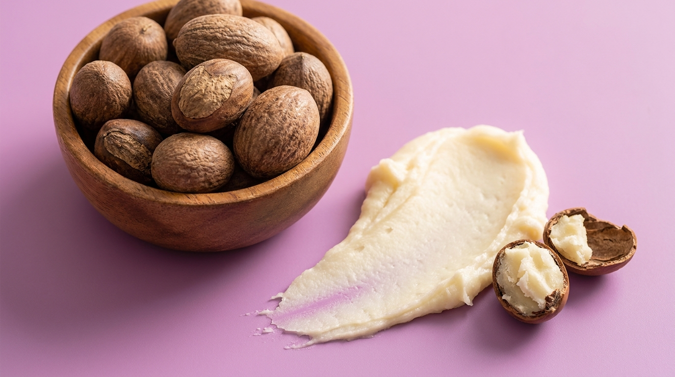 Raw shea nuts in a wooden bowl beside a creamy smear of shea butter on a soft purple background