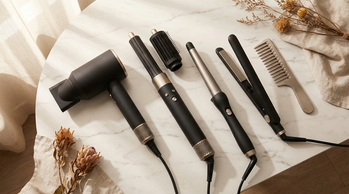 A selection of premium Parwin Pro Beauty hair styling tools arranged on a marble surface