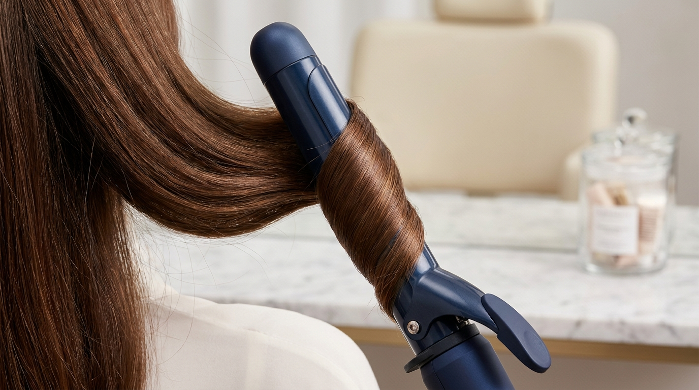A Prussian blue air styler creating a smooth voluminous curl in glossy hair