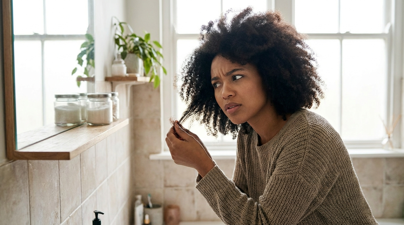 A woman with textured curly hair checking the ends of her hair for split ends