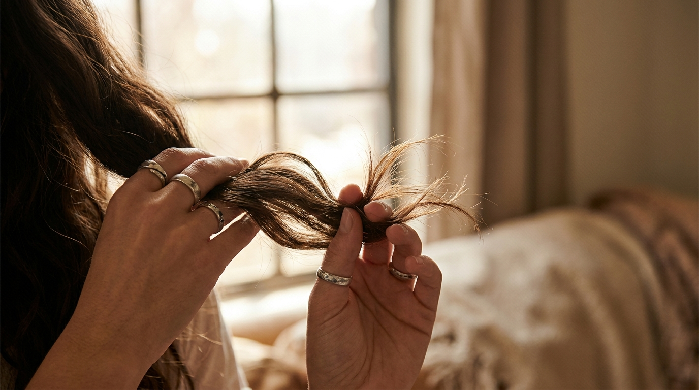 Hands holding a section of textured hair up to the light to inspect split ends and breakage