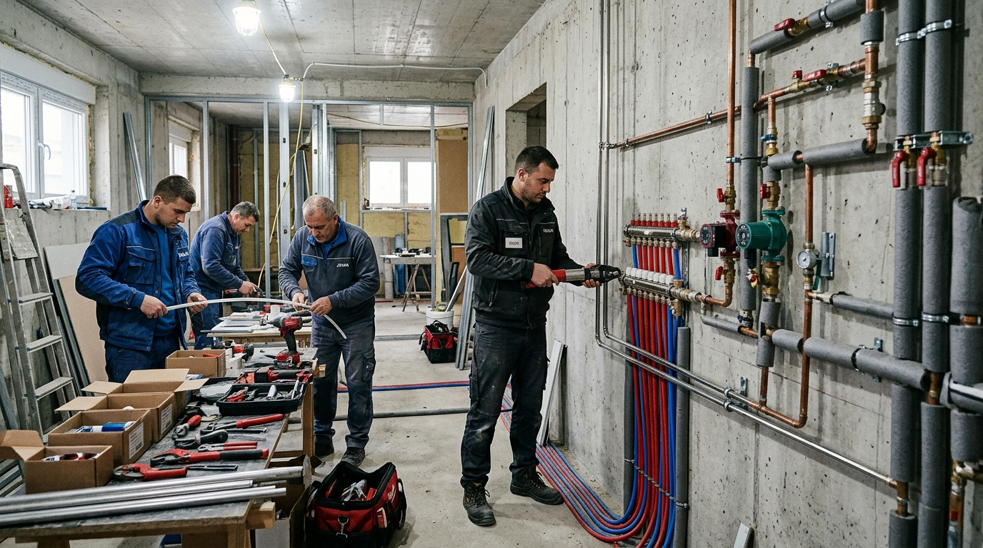 Profesionalni instalaterski tim na gradilištu - organizovani radovi na cevima i instalacijama