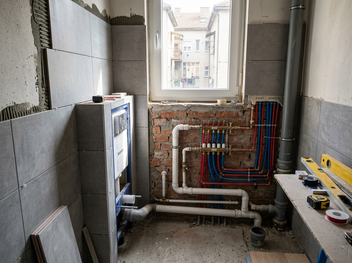 Završena sanitarna instalacija pre zidanja - uredni vodovodni i odvodnji priključci