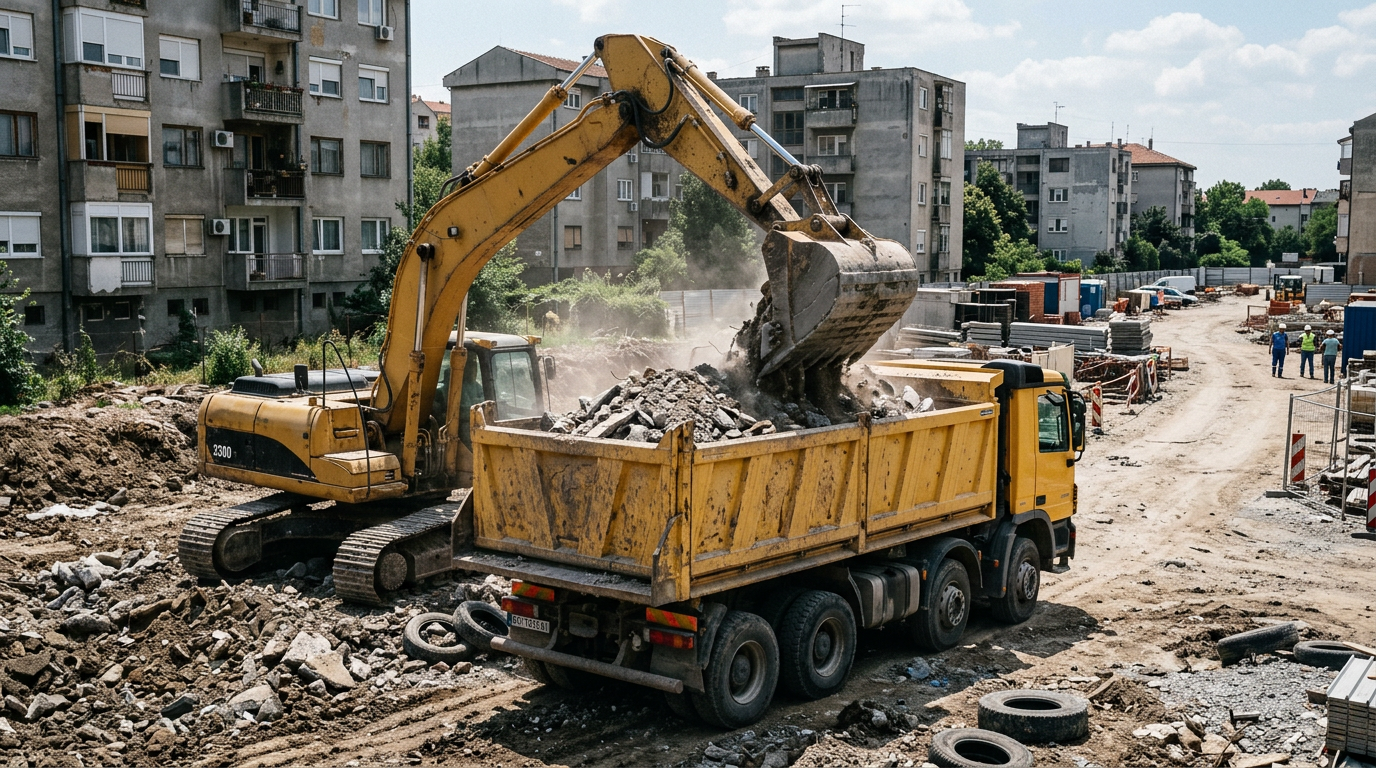 Kamion i bager na gradilištu - utovar šuta i materijala