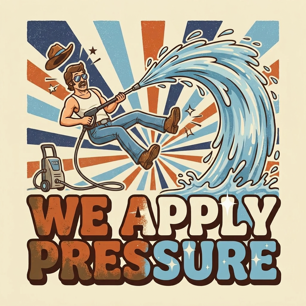 Cartoon of our guy getting lifted off the ground by the pressure washer