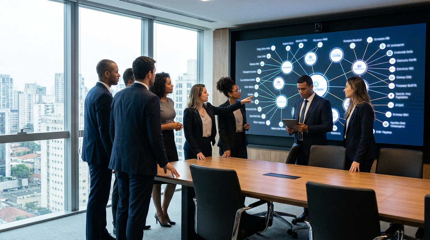 Executivos revisando a rede de fornecedores da empresa