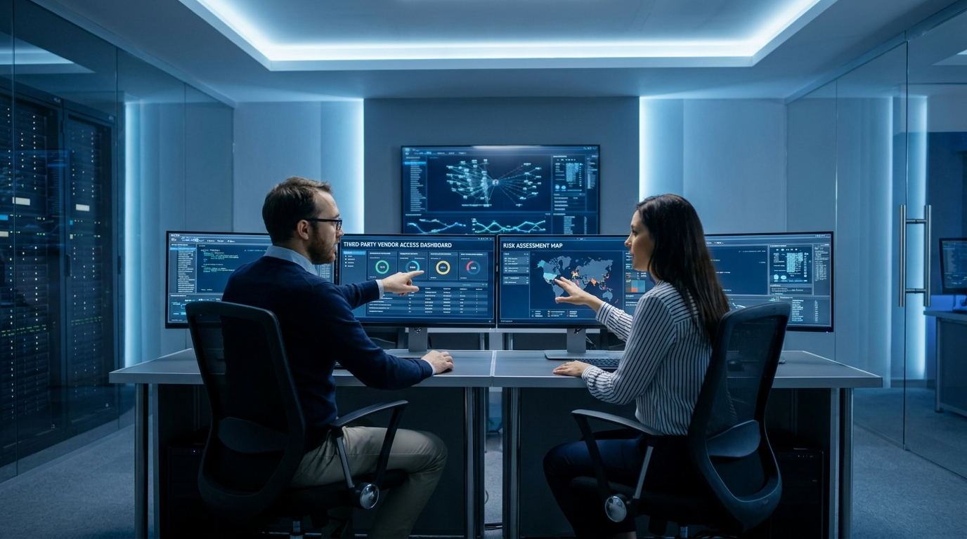 Equipe de segurança monitorando acessos de fornecedores