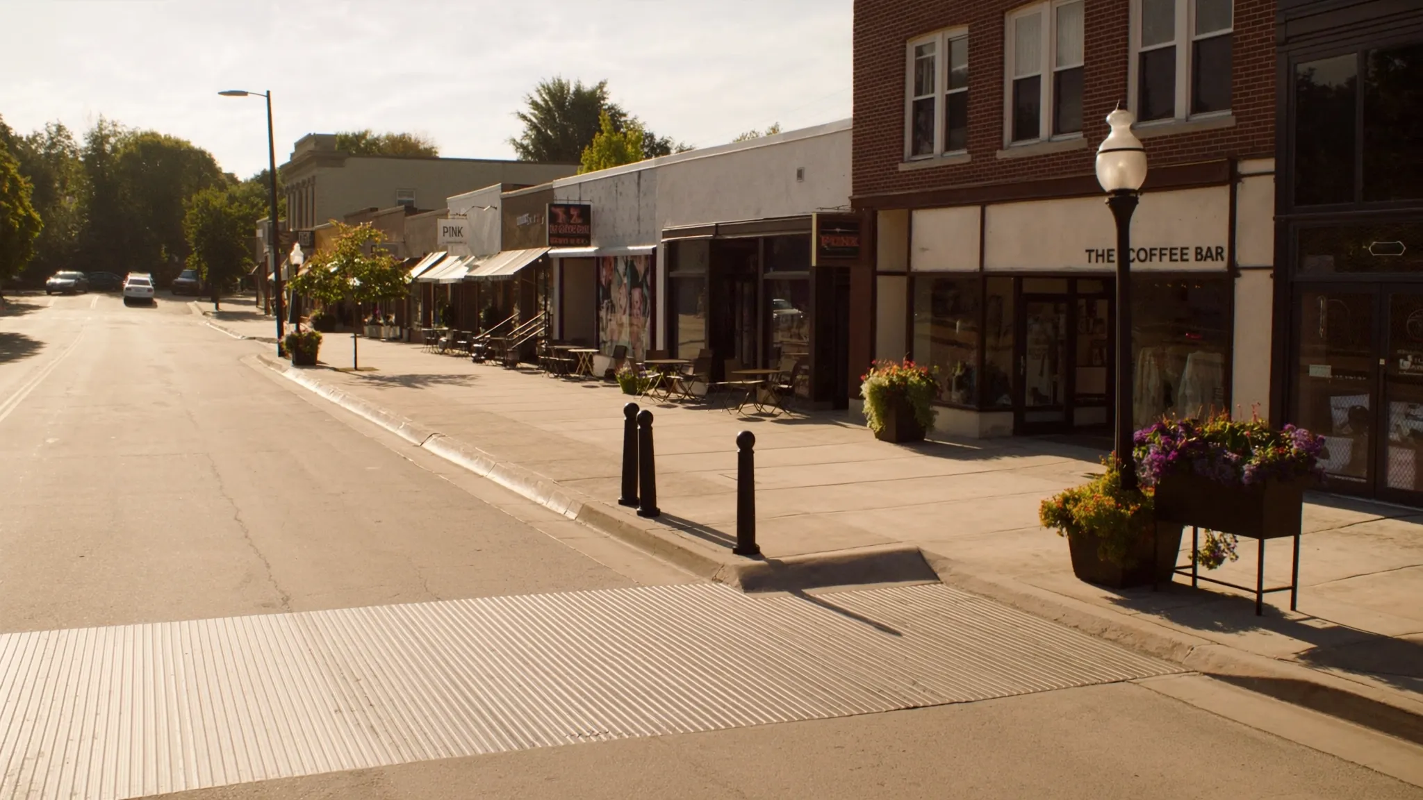 Charming main street with shops and patios in downtown Brampton