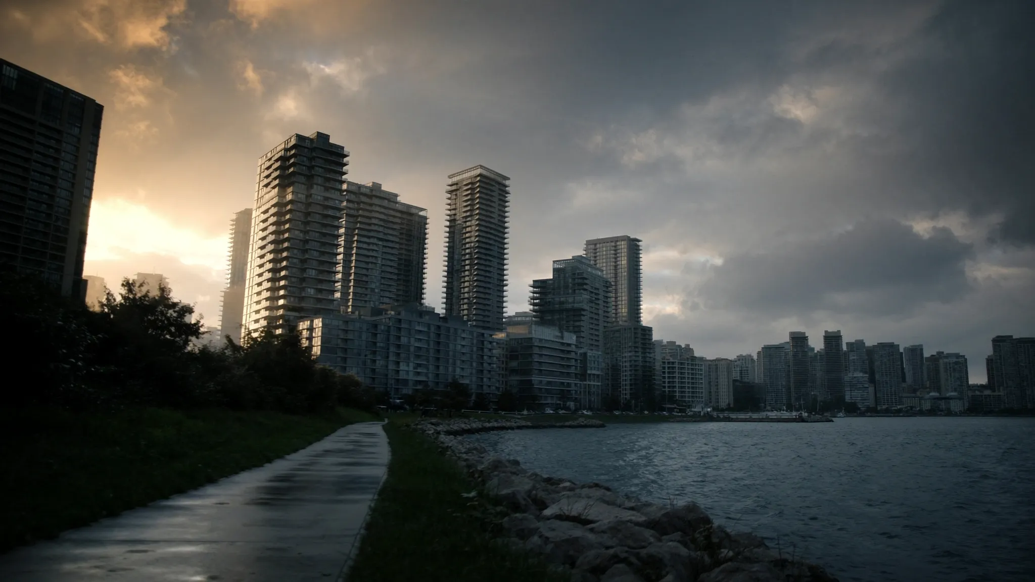 Humber Bay Shores waterfront condo towers in Etobicoke at dusk