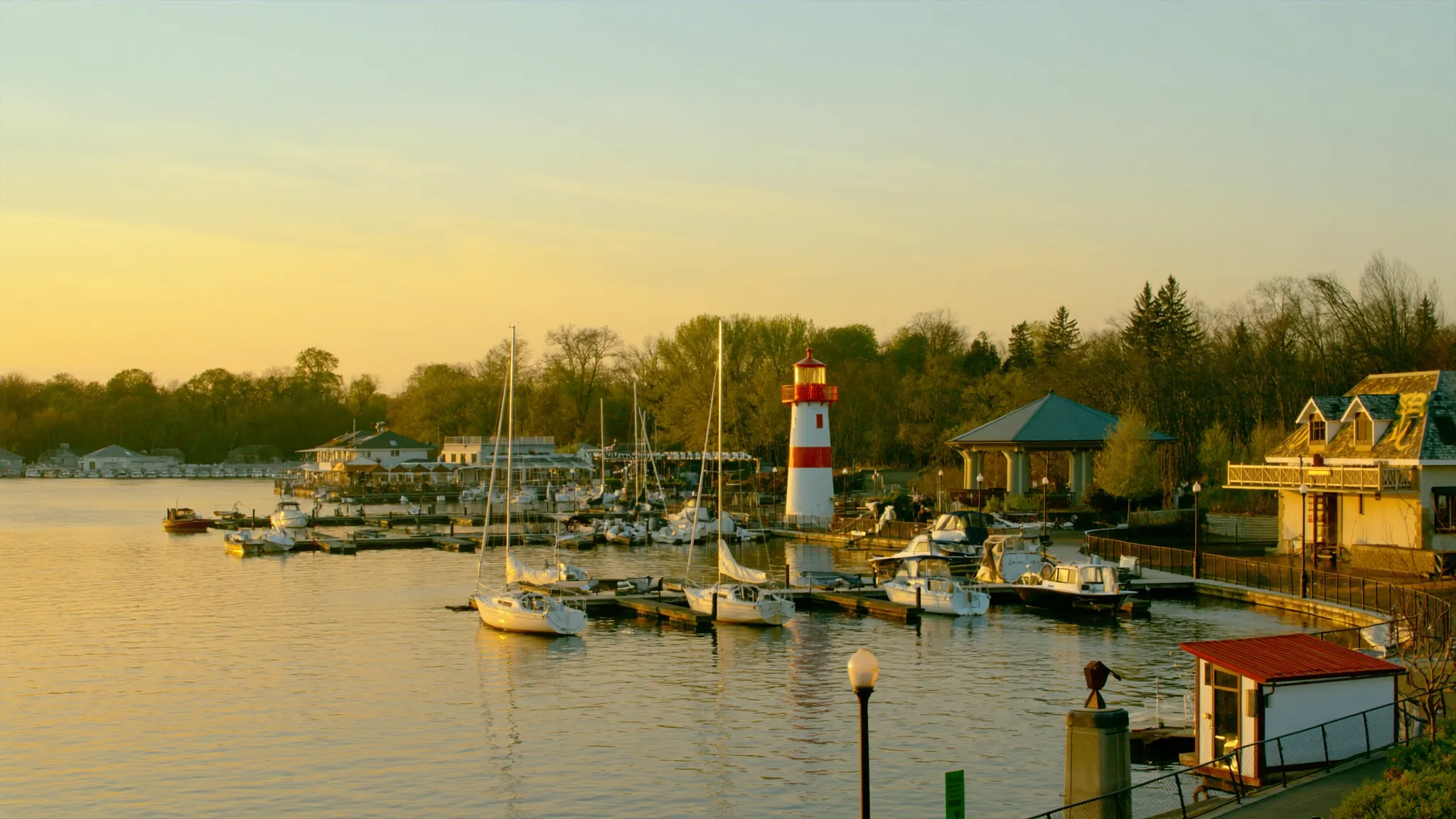 Port Credit harbour and lighthouse in Mississauga at golden hour