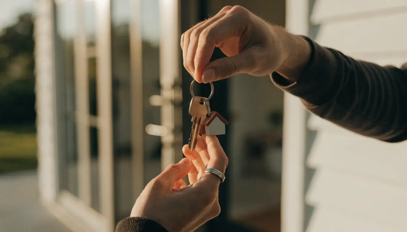 Hands exchanging house keys at the entrance of a first home in the GTA