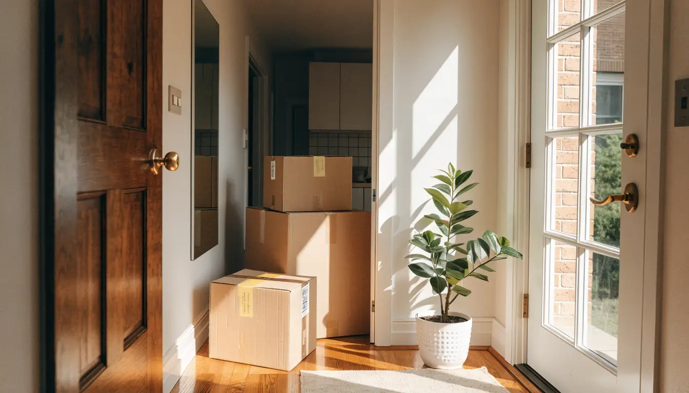 Bright modern home entryway with moving boxes on move-in day