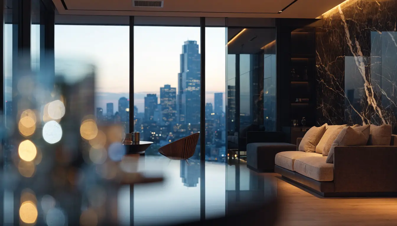Modern Toronto condo living room with floor-to-ceiling skyline views