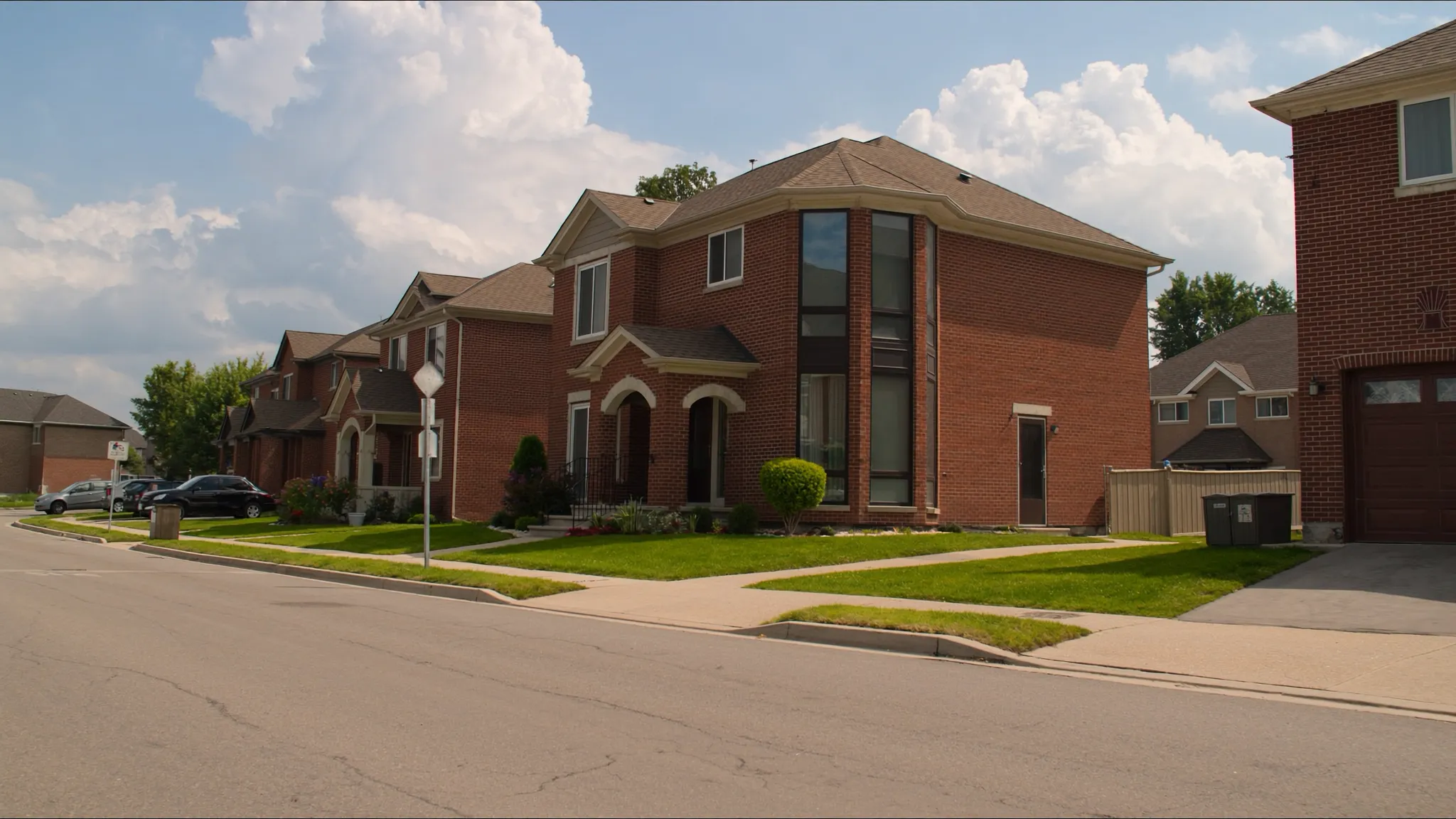 Well-kept two-storey brick family homes on a suburban street in Brampton, Ontario