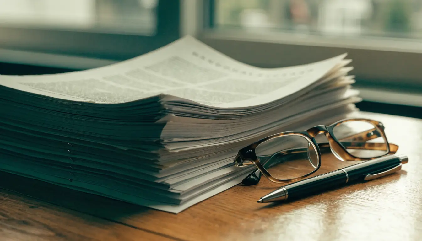 Condo status certificate document package with reading glasses on a desk