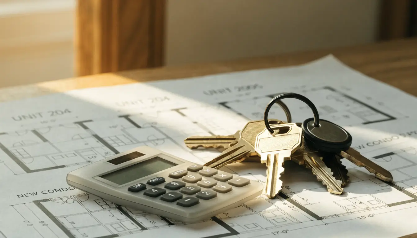 House keys and calculator on new condo floor plans — first-time buyer GST rebate savings