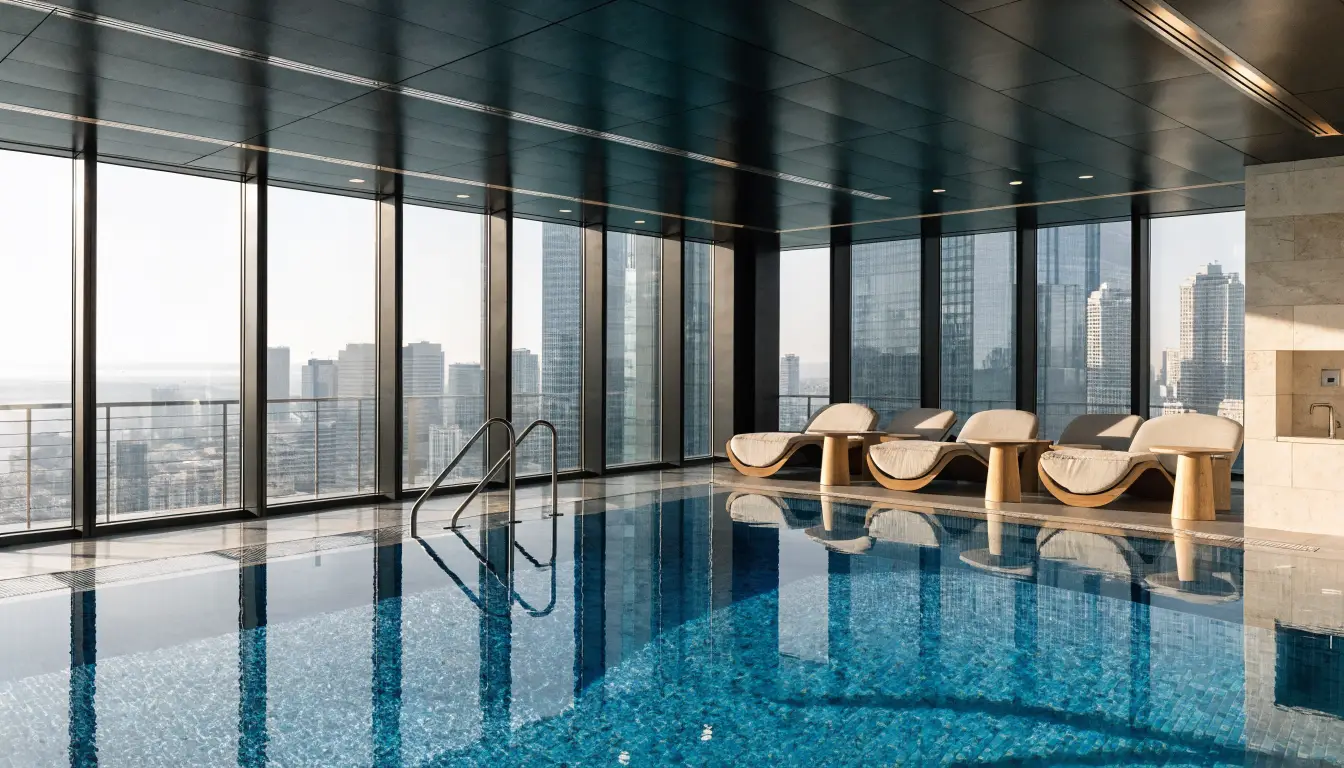 Modern Etobicoke condo amenities — indoor pool with floor-to-ceiling windows