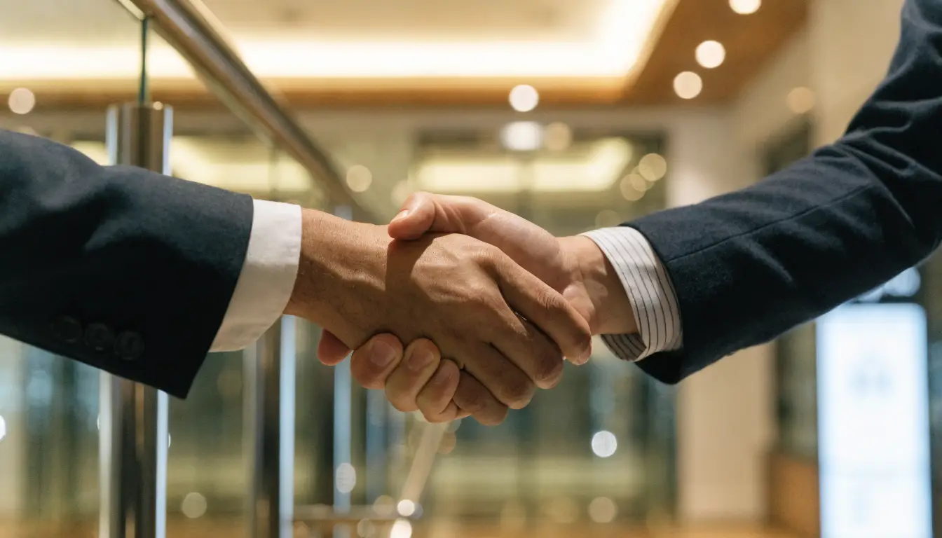 Handshake with an Etobicoke real estate agent in a modern condo lobby