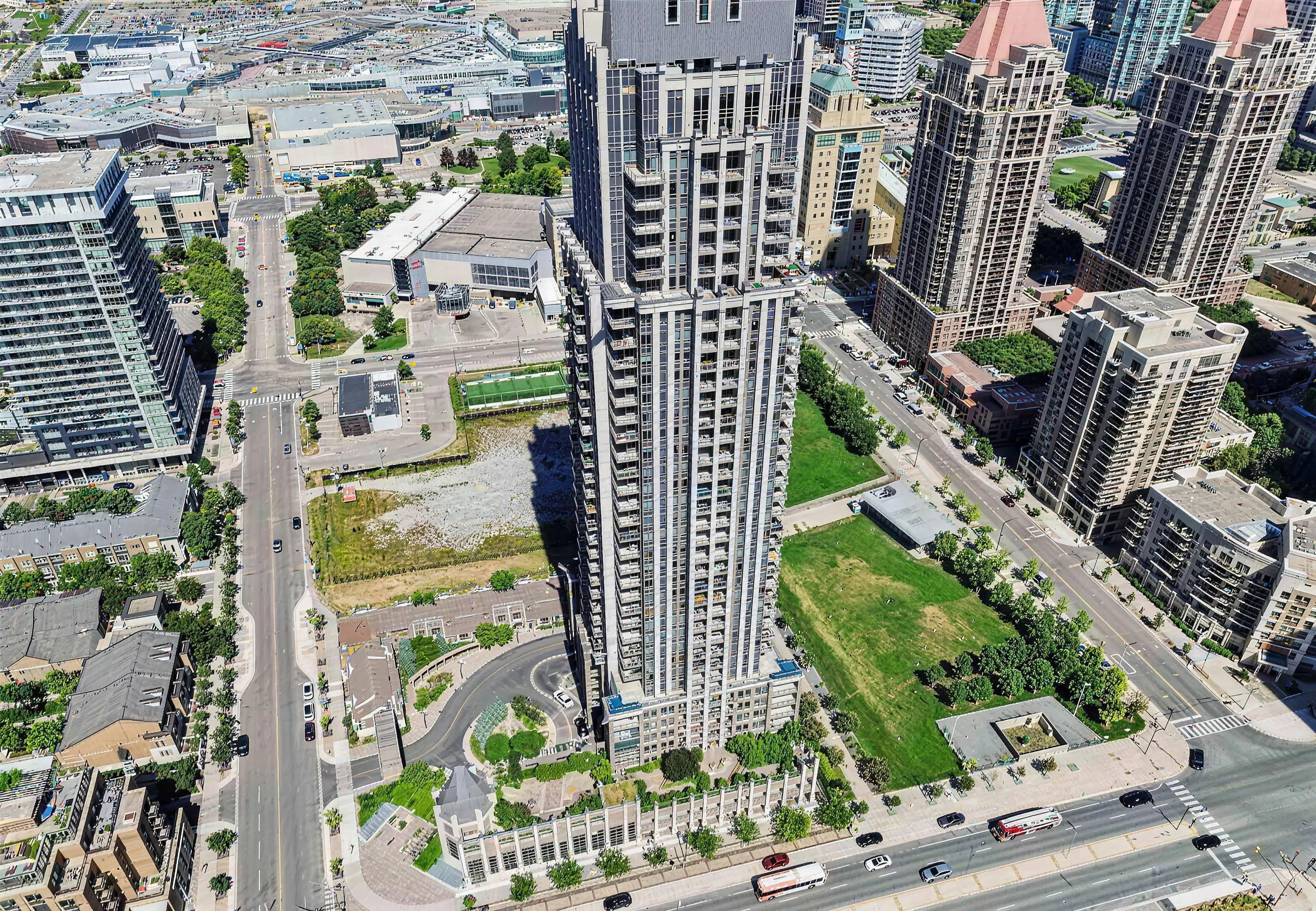Aerial view of 388 Prince of Wales Dr condo tower, Mississauga City Centre — sold by Jatin Dua