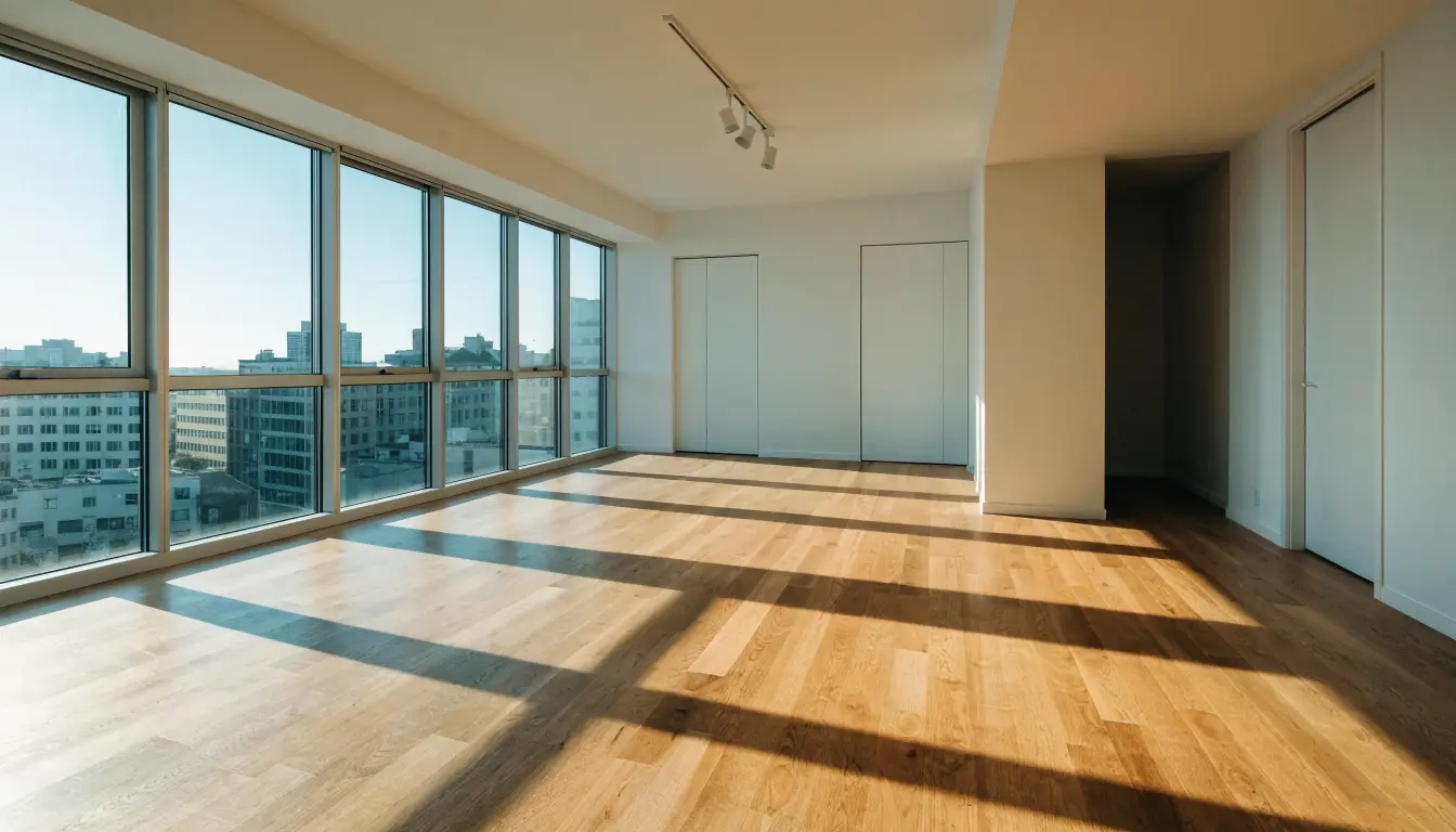 Empty modern condo living room with morning light during interim occupancy
