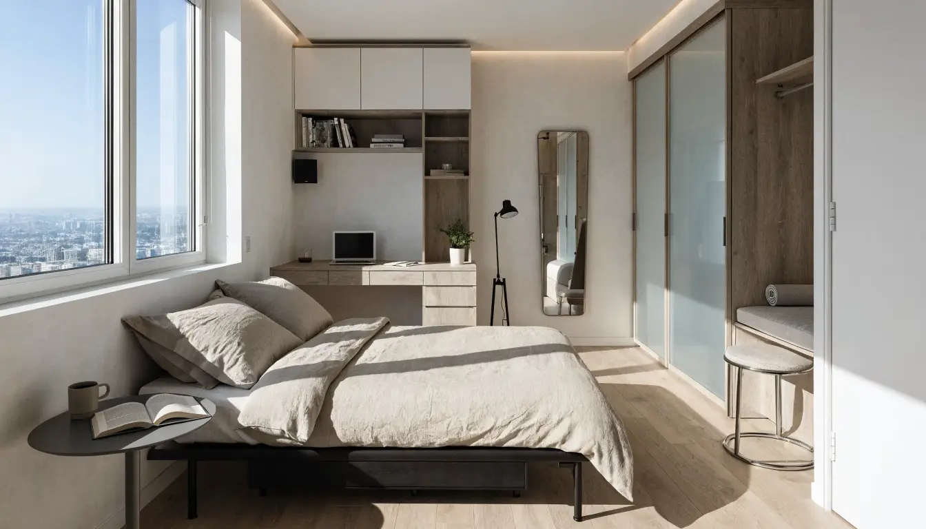 Well-designed small condo bedroom with space-saving furniture in Etobicoke