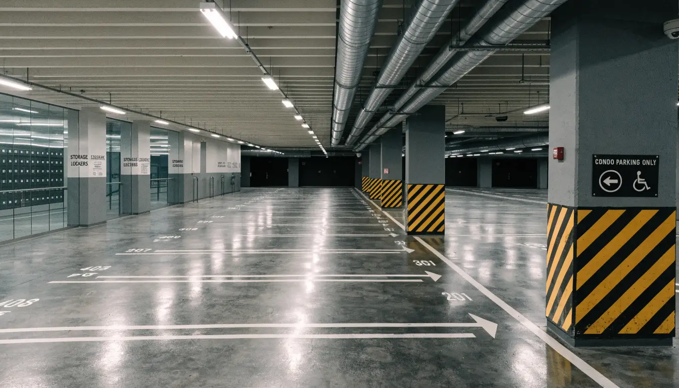 Clean modern condo parking garage and storage locker area in Etobicoke