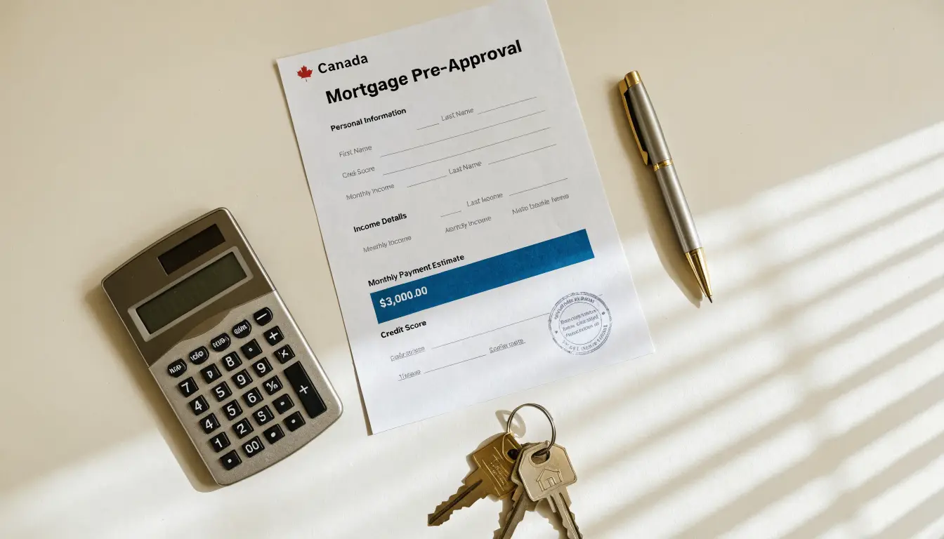 Mortgage pre-approval documents, calculator and keys for an Etobicoke condo purchase