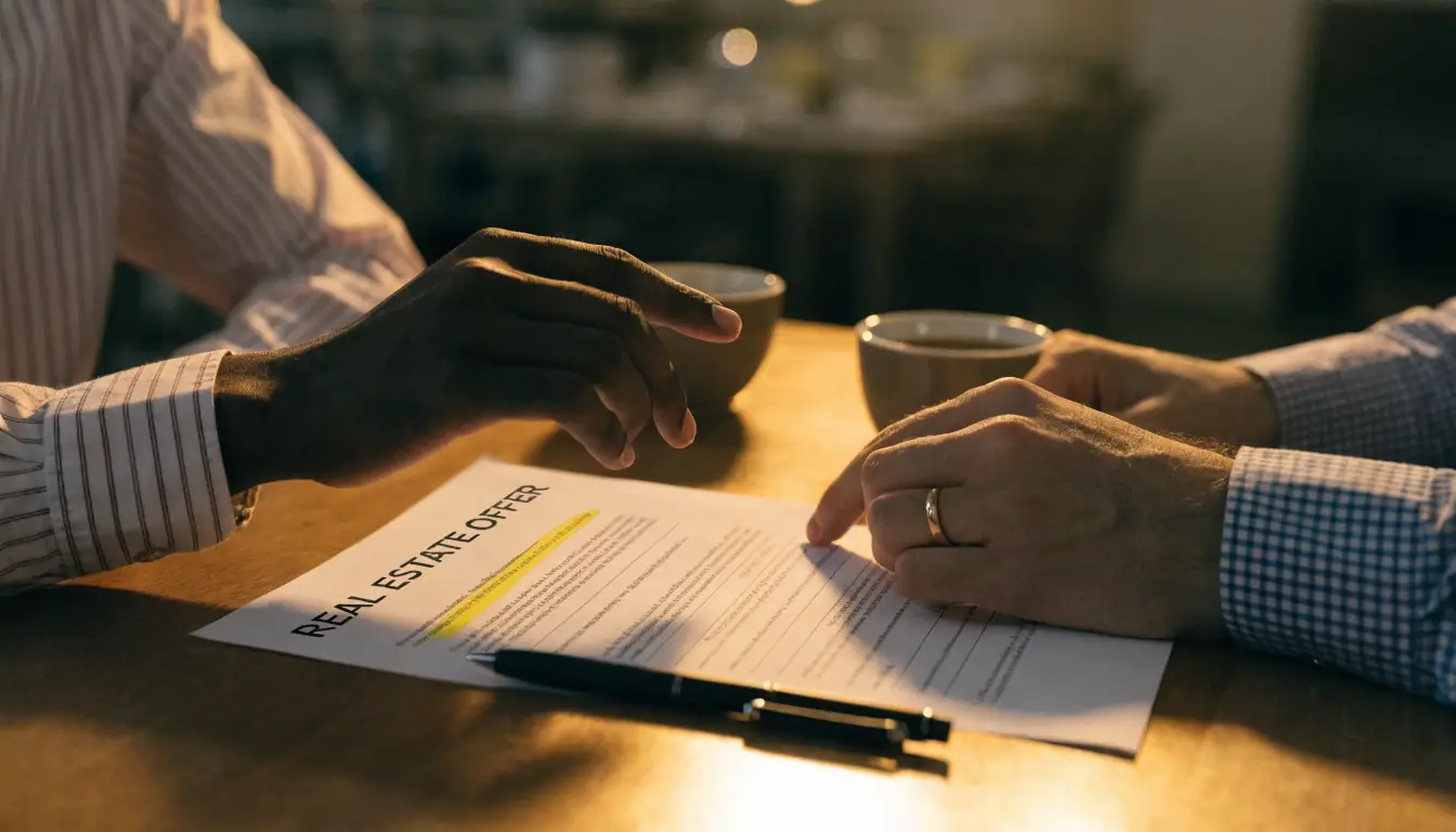 Buyers reviewing a real estate offer document with an agent in Etobicoke