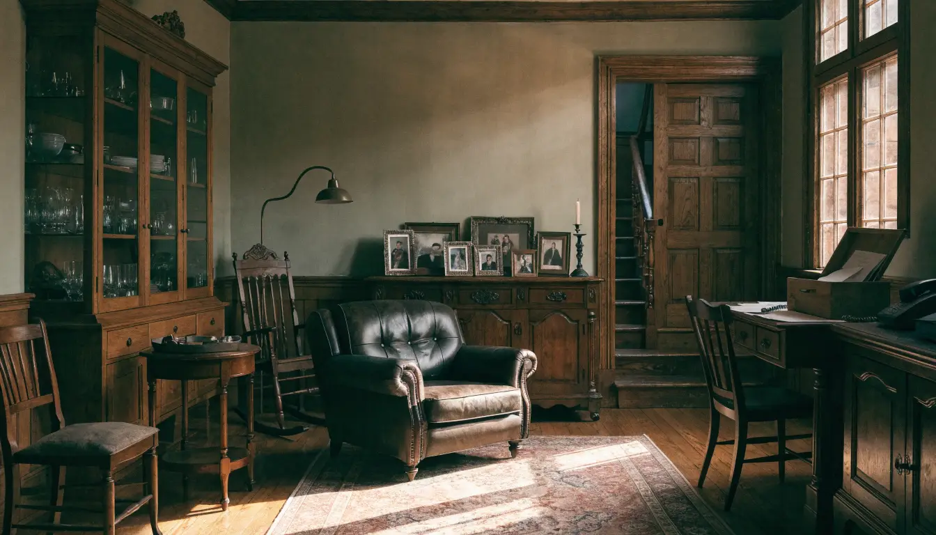 Older family home interior with vintage furniture and framed photographs