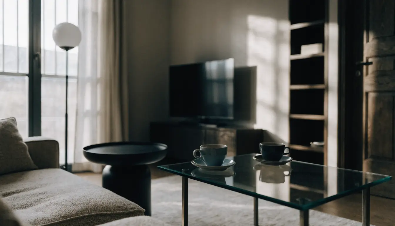 Quiet living room with two coffee cups, representing a separation conversation about the family home