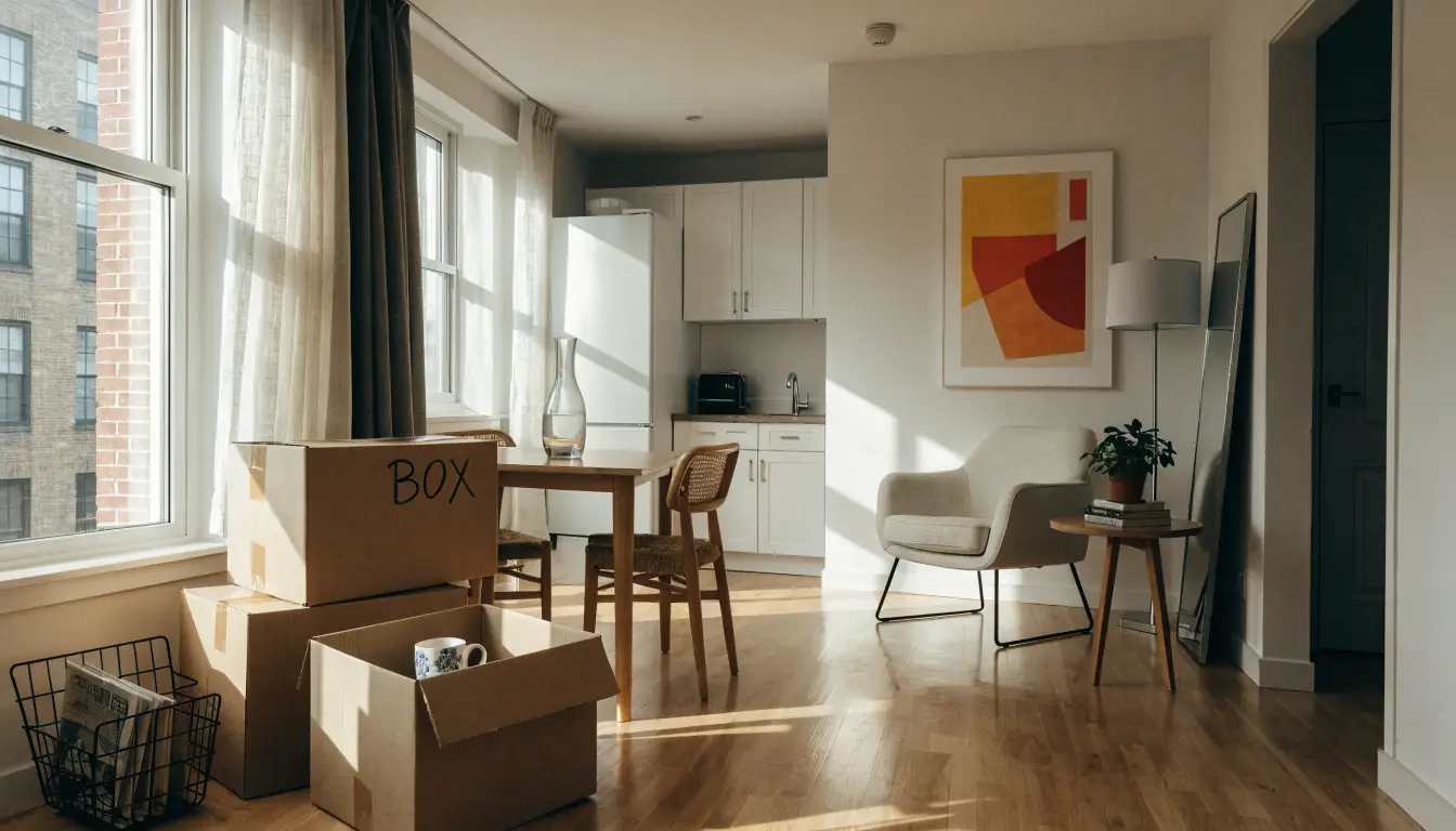Bright condo with moving boxes representing downsizing from a family home in Etobicoke